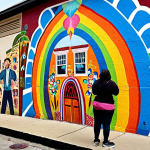 **Community Identity Through Murals**:
   "Create an image of a vibrant city street adorned with colorful murals that reflect the local culture and history. Include people admiring the artwork, showcasing a sense of community and pride. The murals should tell stories through their designs, illustrating themes of heritage and identity."
