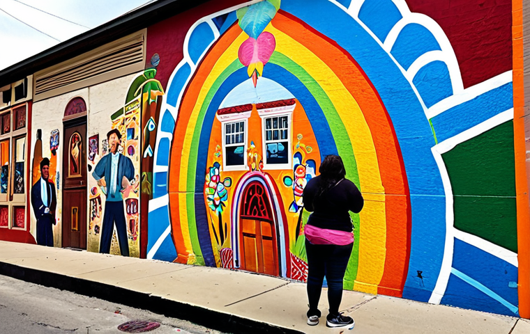 **Community Identity Through Murals**:
   "Create an image of a vibrant city street adorned with colorful murals that reflect the local culture and history. Include people admiring the artwork, showcasing a sense of community and pride. The murals should tell stories through their designs, illustrating themes of heritage and identity."