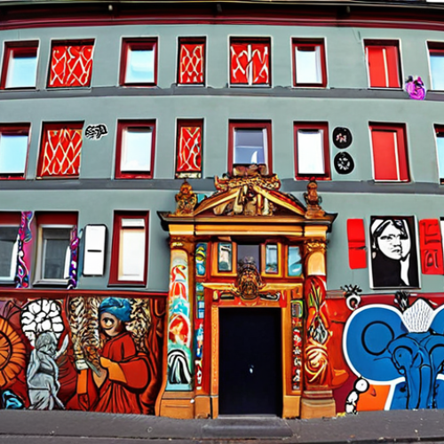 **

A large, detailed mural in Berlin-Kreuzberg, depicting a historical scene or social commentary. Capture the vibrant colors and intricate details of the mural, showcasing the artistic skill involved. In the background, subtly include examples of less elaborate graffiti tags, to provide a contrast. The mural should dominate the frame, symbolizing the authorized and celebrated form of street art.

**
