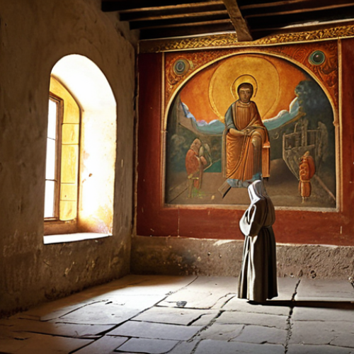 A solitary figure stands in a dimly lit, ancient monastery corridor, deeply engrossed in a vibrant, age-worn fresco on the wall. Soft, ethereal light illuminates intricate details of the painting, depicting sacred or historical scenes. The atmosphere is one of profound silence and contemplation, as if the viewer is experiencing a direct, emotional connection with forgotten stories and whispers from centuries past. The fresco feels alive, a true window to another time. Highly detailed, atmospheric, evocative of awe and timelessness.