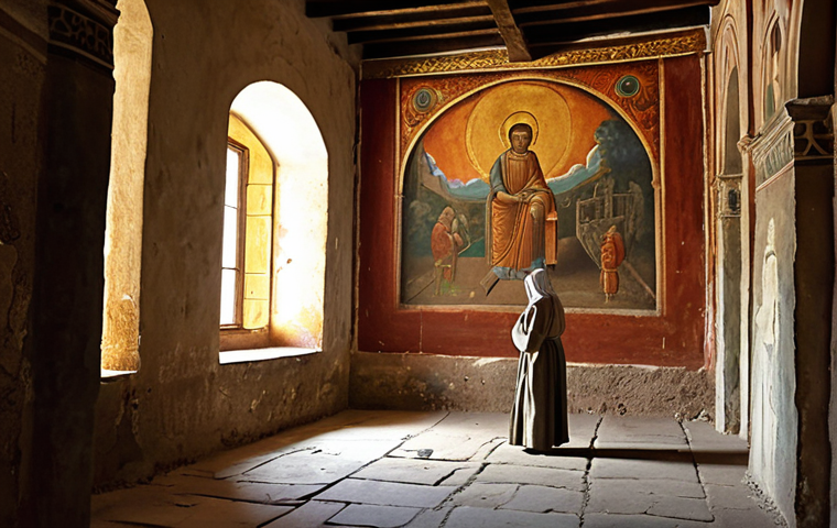 A solitary figure stands in a dimly lit, ancient monastery corridor, deeply engrossed in a vibrant, age-worn fresco on the wall. Soft, ethereal light illuminates intricate details of the painting, depicting sacred or historical scenes. The atmosphere is one of profound silence and contemplation, as if the viewer is experiencing a direct, emotional connection with forgotten stories and whispers from centuries past. The fresco feels alive, a true window to another time. Highly detailed, atmospheric, evocative of awe and timelessness.