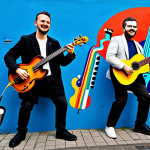 "A vibrant and dynamic mural in Hamburg's Schanzenviertel, depicting musicians playing instruments with colorful street art elements, fully clothed, appropriate attire, safe for work, perfect anatomy, correct proportions, professional, family-friendly"