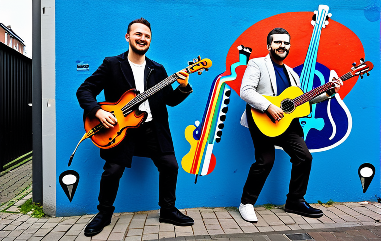 "A vibrant and dynamic mural in Hamburg's Schanzenviertel, depicting musicians playing instruments with colorful street art elements, fully clothed, appropriate attire, safe for work, perfect anatomy, correct proportions, professional, family-friendly"