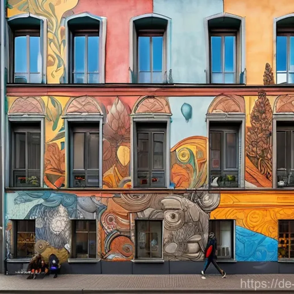 벽화마을 소개와 역사적 배경 - **Prompt:** A vibrant, large-scale mural covering an entire building facade in Berlin's Kreuzberg di...