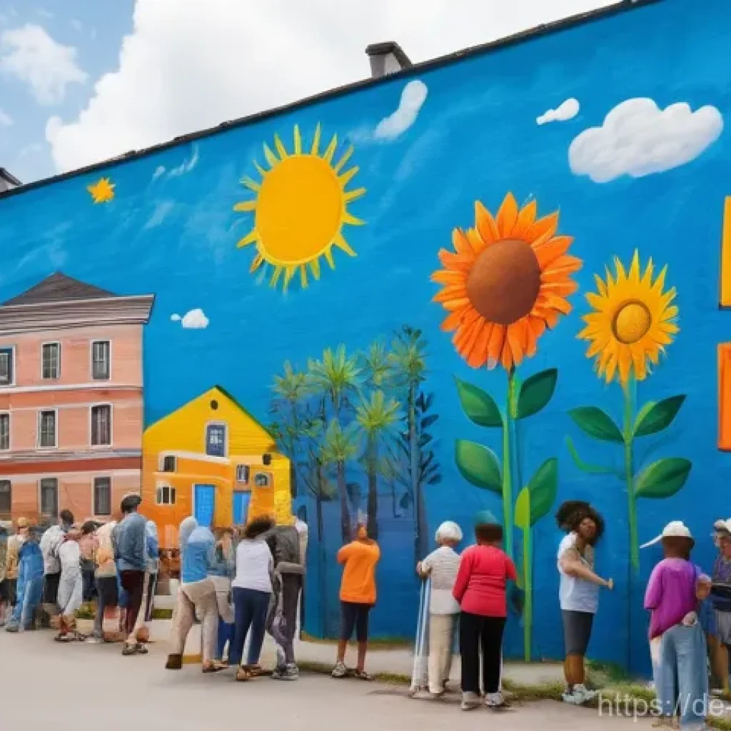 벽화와 도시의 이미지 변화 - **Community Mural in a German Neighborhood:**
    "A vibrant, wide-angle shot of a diverse group of ...