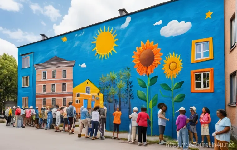 벽화와 도시의 이미지 변화 - **Community Mural in a German Neighborhood:**
    "A vibrant, wide-angle shot of a diverse group of ...
