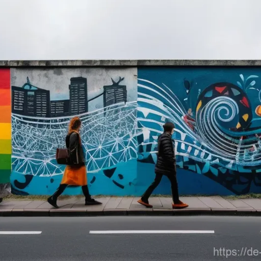 벽화여행 고양시 벽화마을 - **Prompt:** "A vibrant, panoramic mural on a weathered concrete wall in a bustling Berlin district, ...