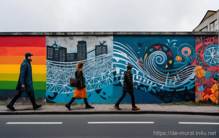 벽화여행 고양시 벽화마을 - **Prompt:** "A vibrant, panoramic mural on a weathered concrete wall in a bustling Berlin district, ...