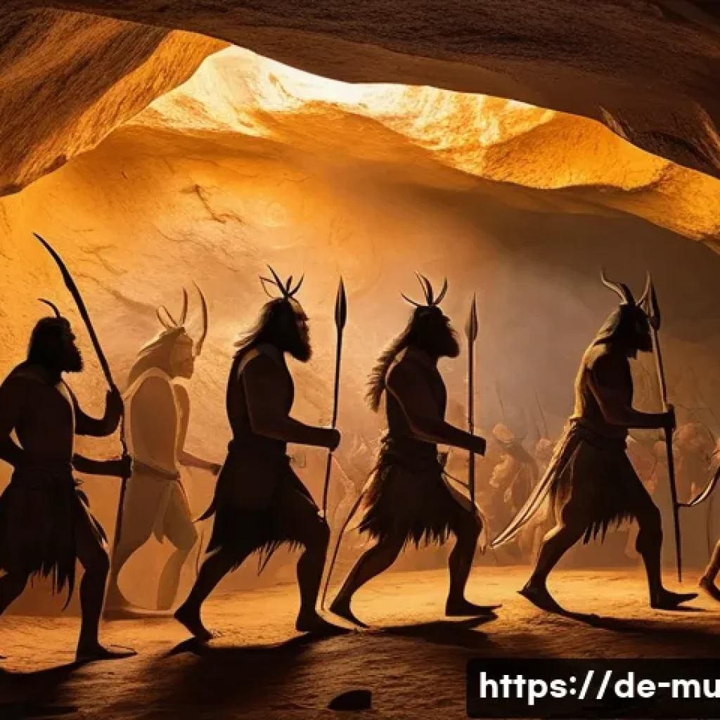벽화여행 역사적 배경 - **Paleolithic Cave Painting:** "A dramatic scene within a dimly lit prehistoric cave. On the rough, ...