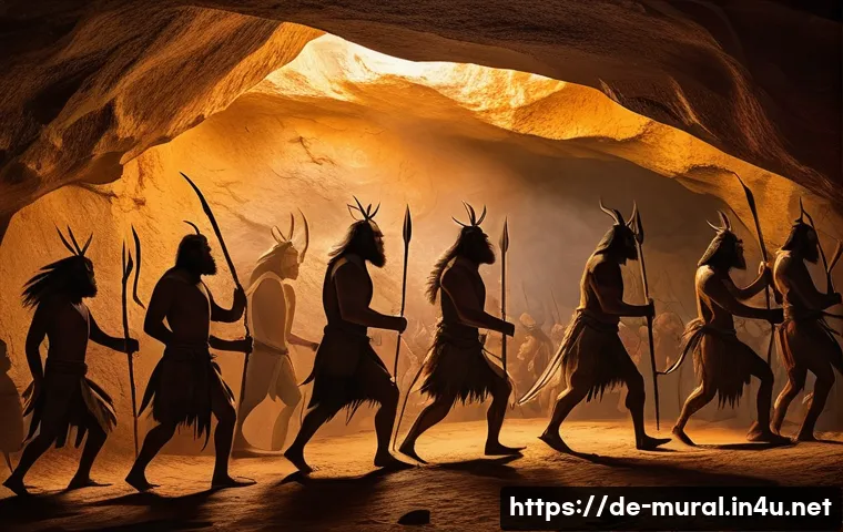 벽화여행 역사적 배경 - **Paleolithic Cave Painting:** "A dramatic scene within a dimly lit prehistoric cave. On the rough, ...