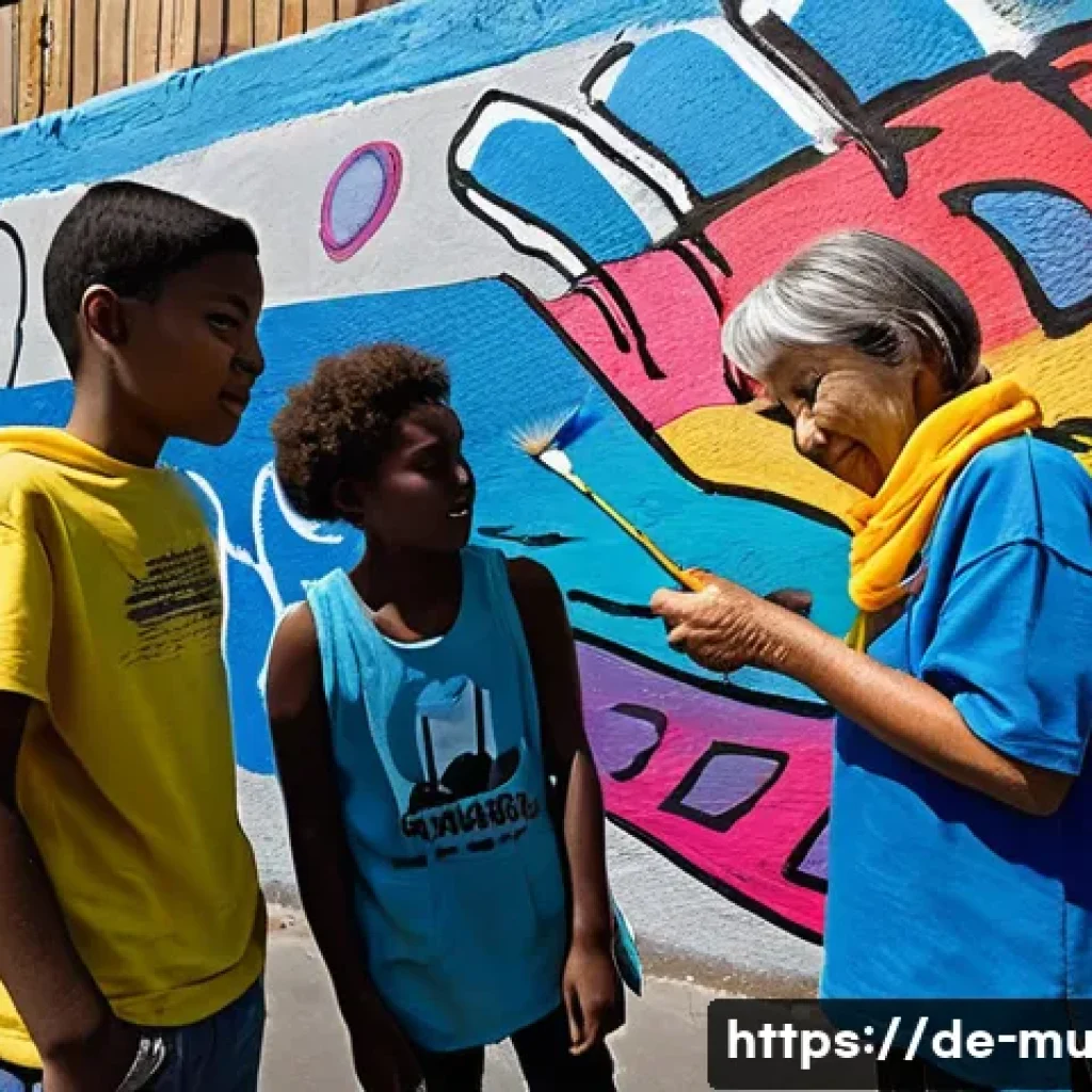 벽화 여행의 사회적 가치 - **Prompt:** A dynamic, wide-angle street-level photograph capturing a diverse group of people, inclu...