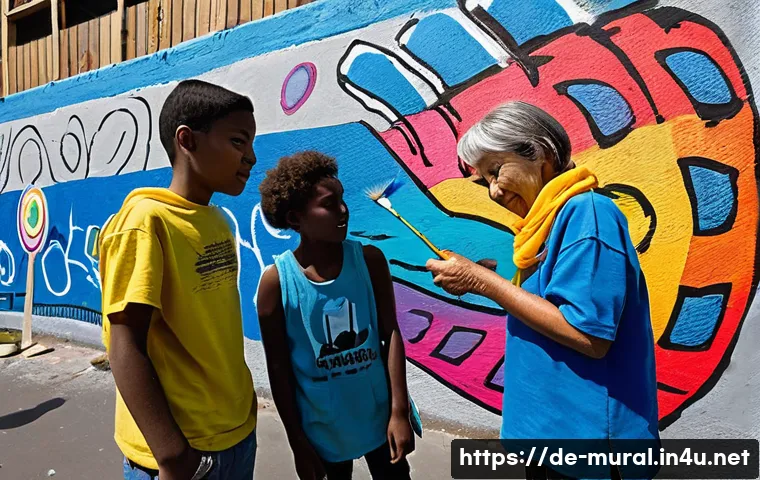 벽화 여행의 사회적 가치 - **Prompt:** A dynamic, wide-angle street-level photograph capturing a diverse group of people, inclu...