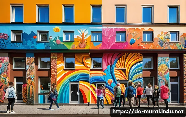 벽화여행의 오프라인과 온라인 마케팅 - A vibrant urban scene in a quaint Berlin neighborhood featuring a large, colorful mural on a buildin...