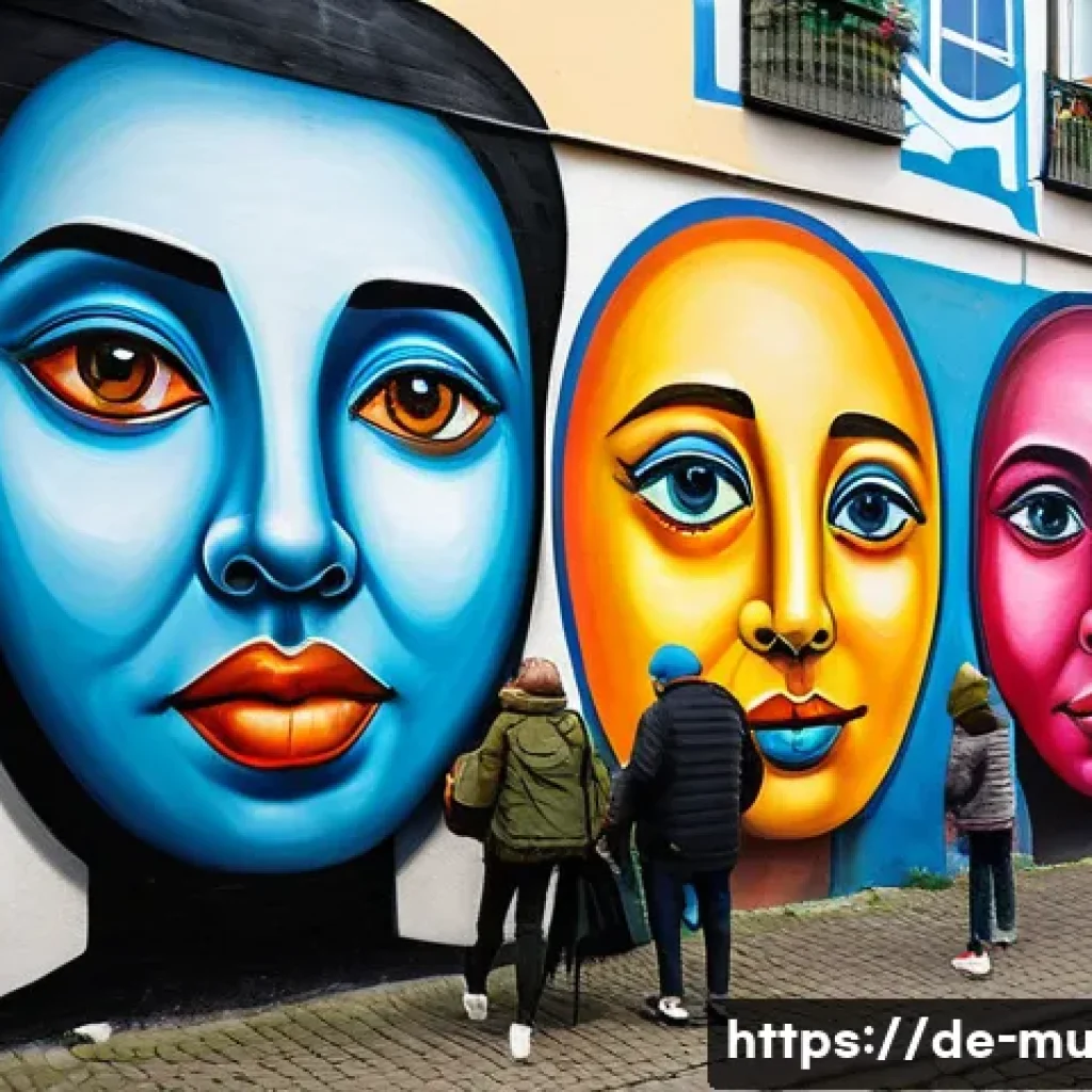 벽화여행과 기념품 - A vibrant urban street scene in a multicultural Berlin neighborhood, featuring large-scale colorful ...