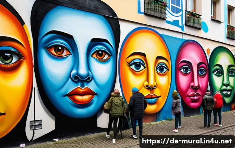 벽화여행과 기념품 - A vibrant urban street scene in a multicultural Berlin neighborhood, featuring large-scale colorful ...