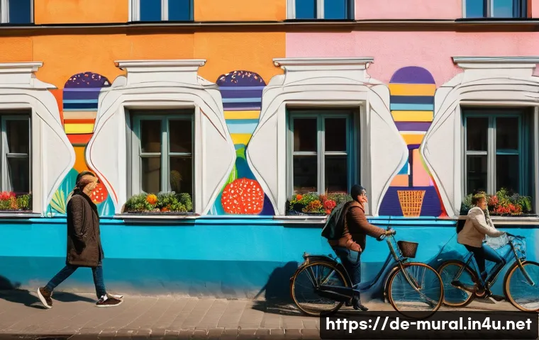 벽화 여행을 떠날 때 유의사항 - A vibrant urban street scene in Berlin during the golden hour of late afternoon, showcasing large co...