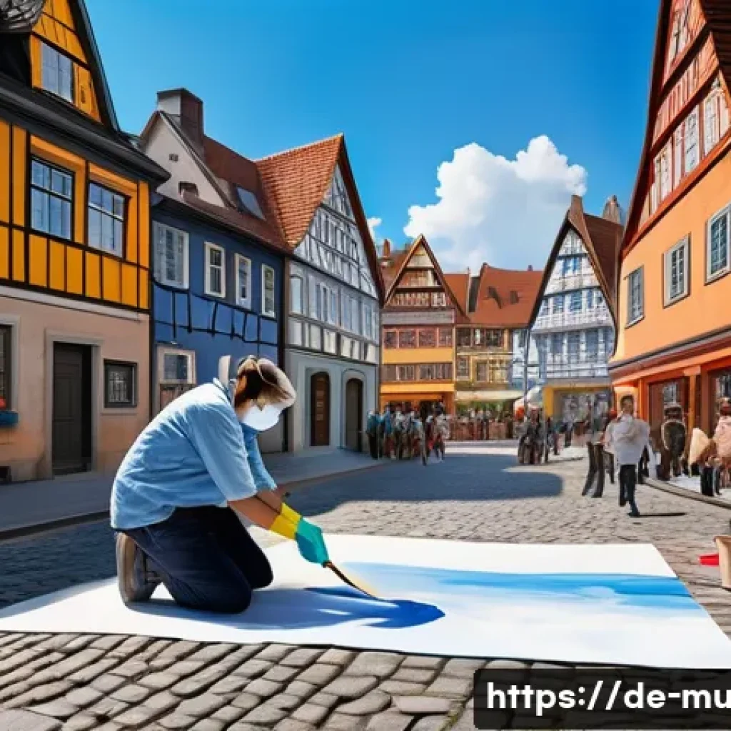 벽화 제작과정 공개 - A detailed urban mural concept scene showing a German historic city street with cobblestone pavement...