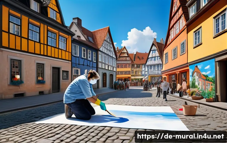 벽화 제작과정 공개 - A detailed urban mural concept scene showing a German historic city street with cobblestone pavement...