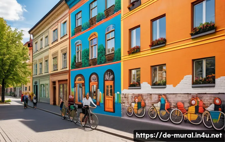 벽화마을 여행 추천 - A vibrant urban mural scene in a Berlin neighborhood, showcasing a large-scale photorealistic portra...