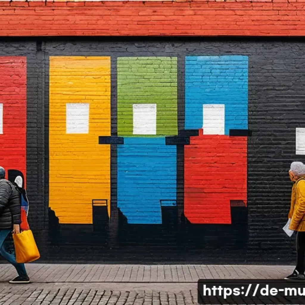 벽화여행 DIY 벽화 프로그램 - A vibrant urban street scene in a lively German city district featuring a large, colorful mural on a...