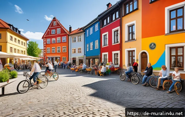 벽화여행 도시 재생과 벽화 - A vibrant urban street scene in a German city neighborhood featuring a large, colorful mural on a fo...