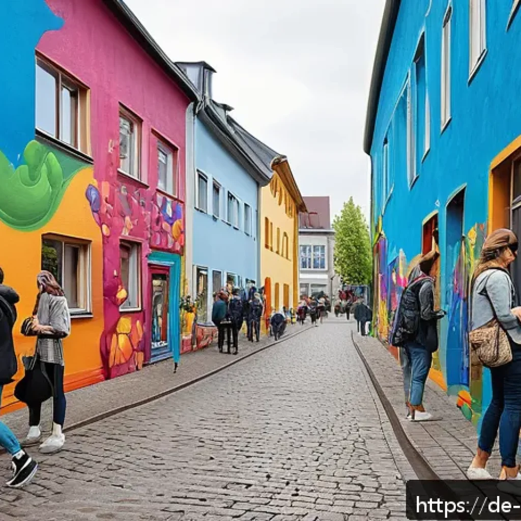 벽화마을 여행의 미래 - A vibrant urban street-art village in Germany during daytime, walls covered with colorful graffiti m...