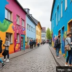 벽화마을 여행의 미래 - A vibrant urban street-art village in Germany during daytime, walls covered with colorful graffiti m...