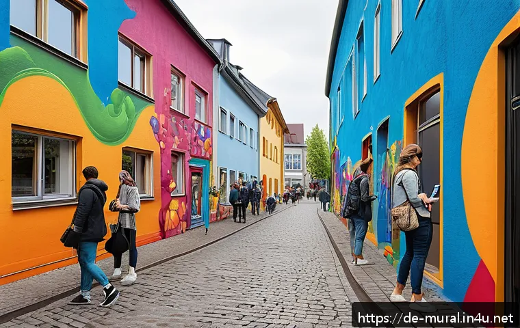 벽화마을 여행의 미래 - A vibrant urban street-art village in Germany during daytime, walls covered with colorful graffiti m...