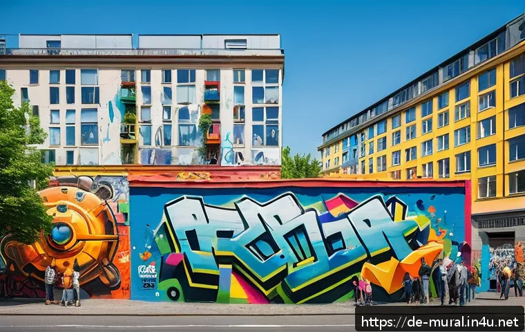 벽화여행 축제와 이벤트 - A vibrant urban street art festival scene in Berlin, showcasing large photorealistic murals and bold...