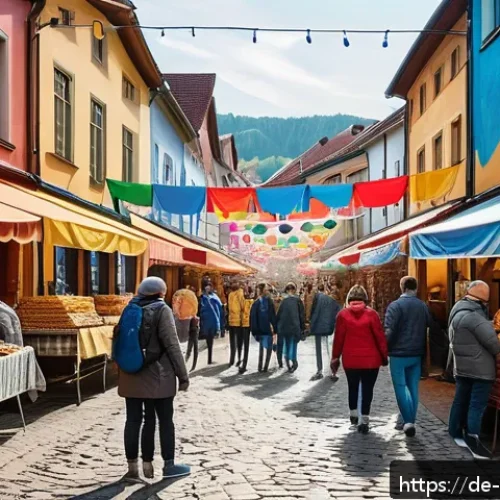 벽화와 지역 축제 연결하기 - A vibrant urban street scene in a German city during a local festival, featuring large colorful mura...