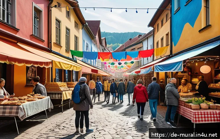 벽화와 지역 축제 연결하기 - A vibrant urban street scene in a German city during a local festival, featuring large colorful mura...