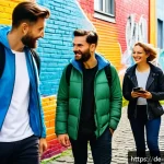 벽화여행 안전 수칙 - A group of diverse adults exploring a vibrant Berlin street art alley during the day, wearing comfor...