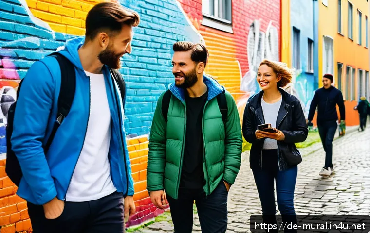 벽화여행 안전 수칙 - A group of diverse adults exploring a vibrant Berlin street art alley during the day, wearing comfor...
