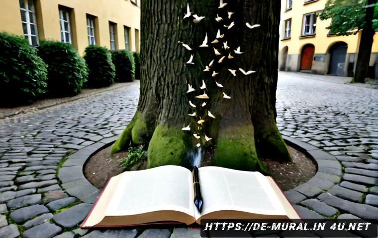벽화와 문학적 상징 - Photorealistic Berlin courtyard mural depicting literary symbolism without words: an oversized open ...