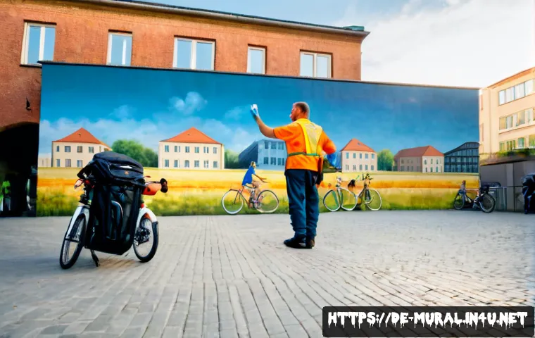 벽화 예술과 그라피티의 차이점 - Photorealistic wide-angle scene in a Berlin pedestrian courtyard, a large commissioned mural coverin...