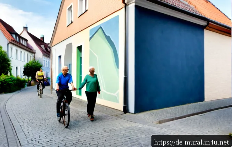 벽화의 색깔 심리학 - Photorealistic urban pedestrian street in a charming German neighborhood, a large mural in calming d...