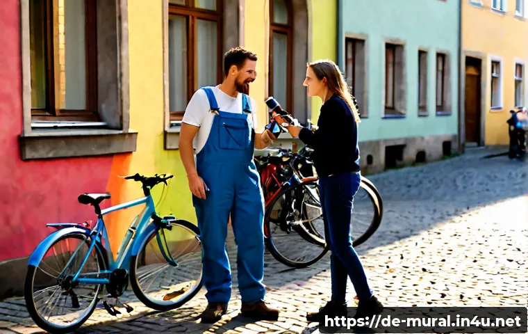 벽화여행 예술가 인터뷰 - Photorealistic travel documentary scene in a colorful German courtyard, a local mural artist in prac...